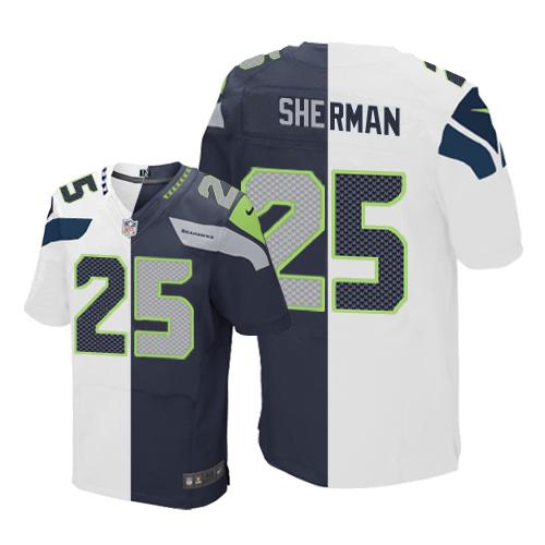 Nike Seahawks #25 Richard Sherman White/Steel Blue Men's Stitched NFL Elite Split Jersey